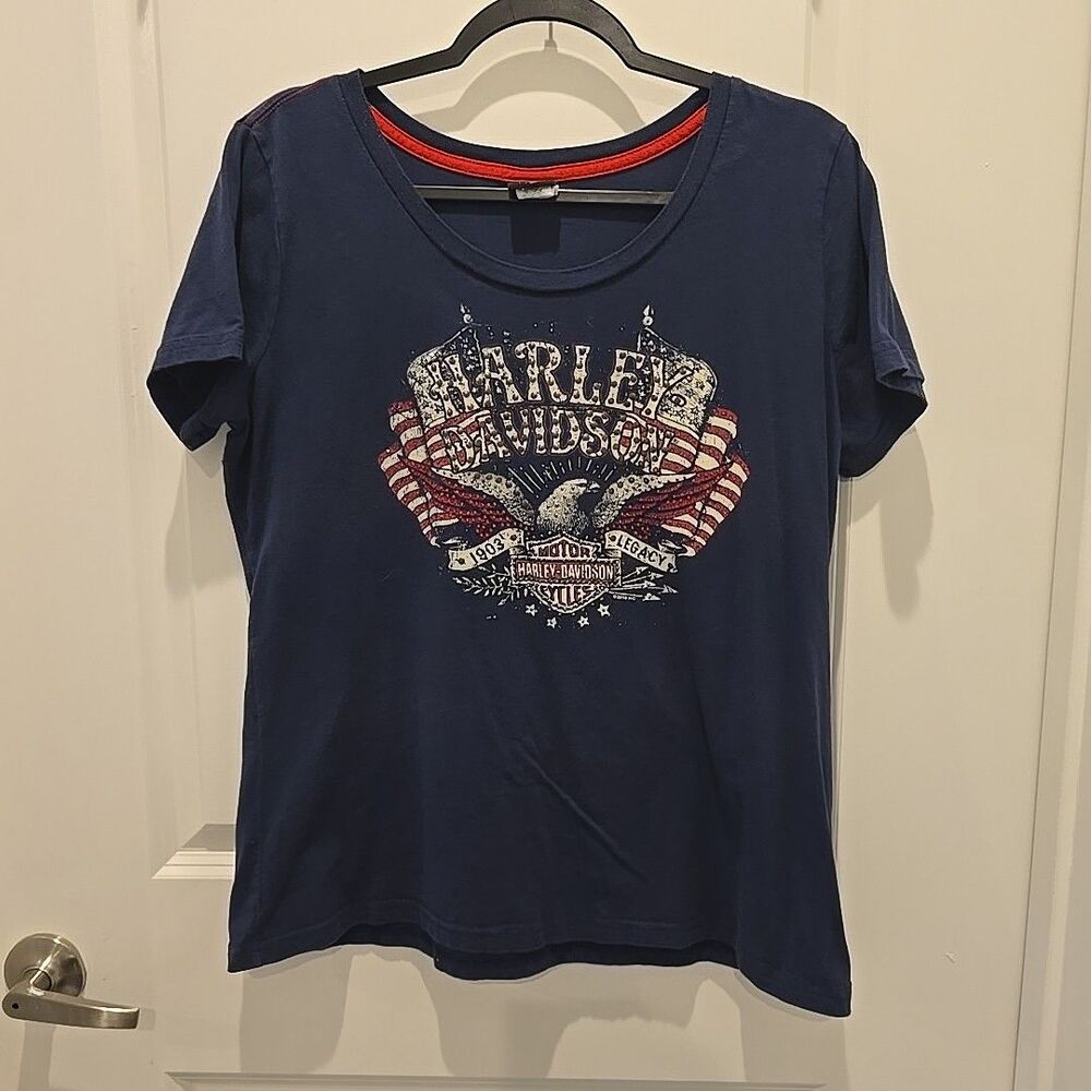 Harley Davidson Eagle Graphic Tee Studs Rhinestones Patriotic Biker XL Missouri